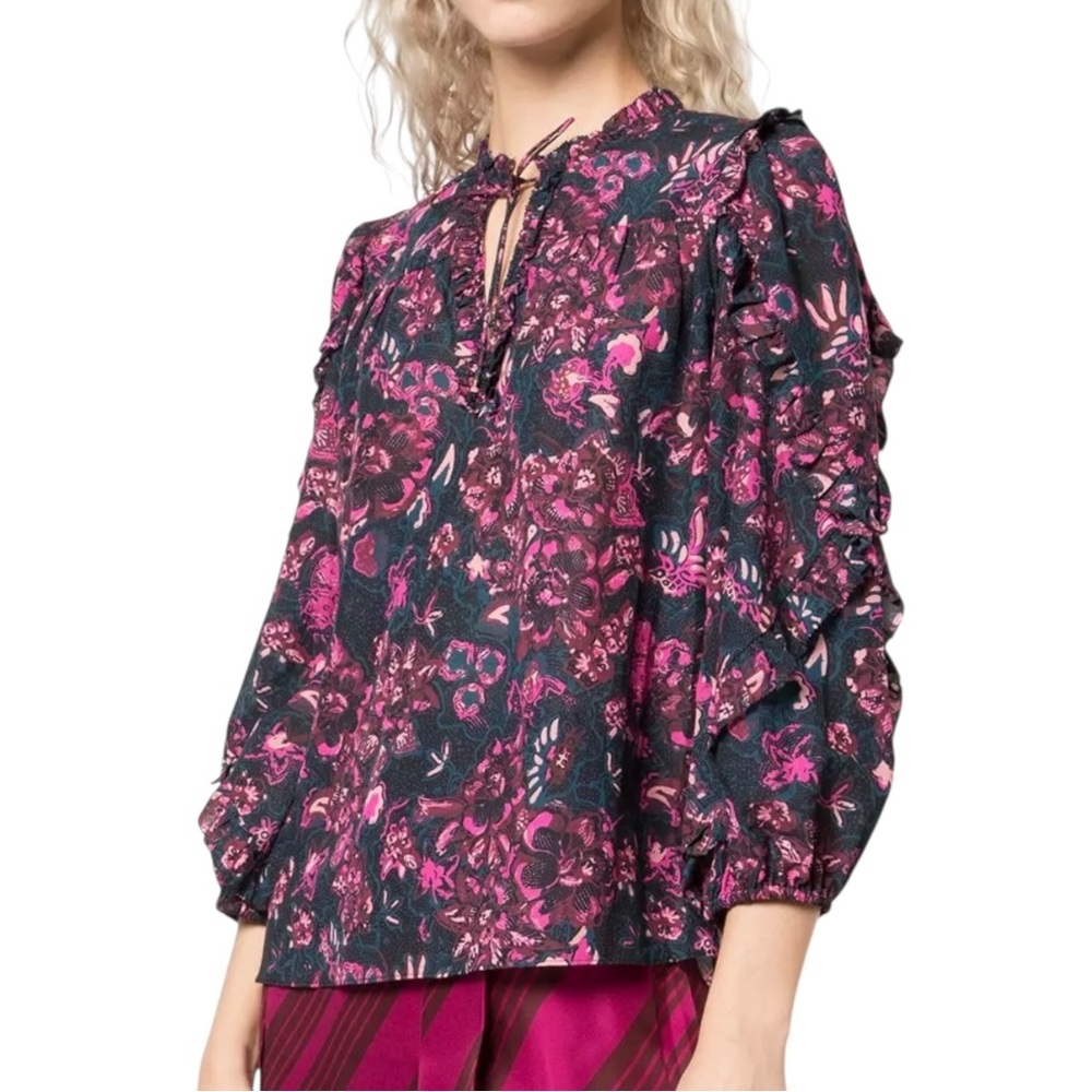 Ulla Johnson Rana Floral Ruffled Blouse Size 2 (Small) Midnight Navy Pink Boho